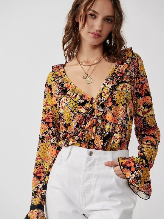 Free People Tops - Free People Intimately Floral Bodysuit Boho Ruffle Bell Sleeve V Neck Size S